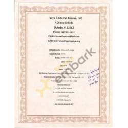 Adoption certificate from Save A Life Pet Rescue