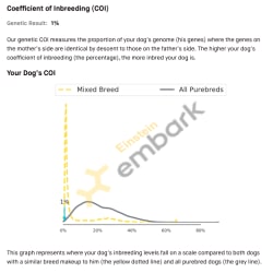 Unfortuntely Embark doesn't publicly display the dog's genetic COI report, but here's a screenshot of it.